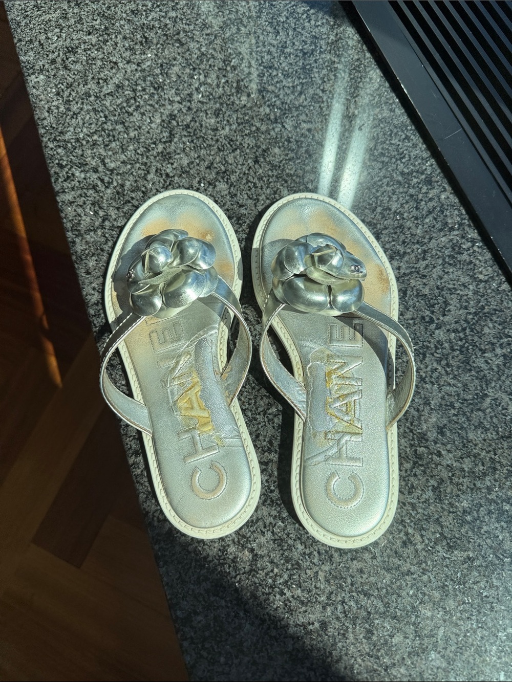 CHANEL Metallic Silver Camellia Thong Sandals